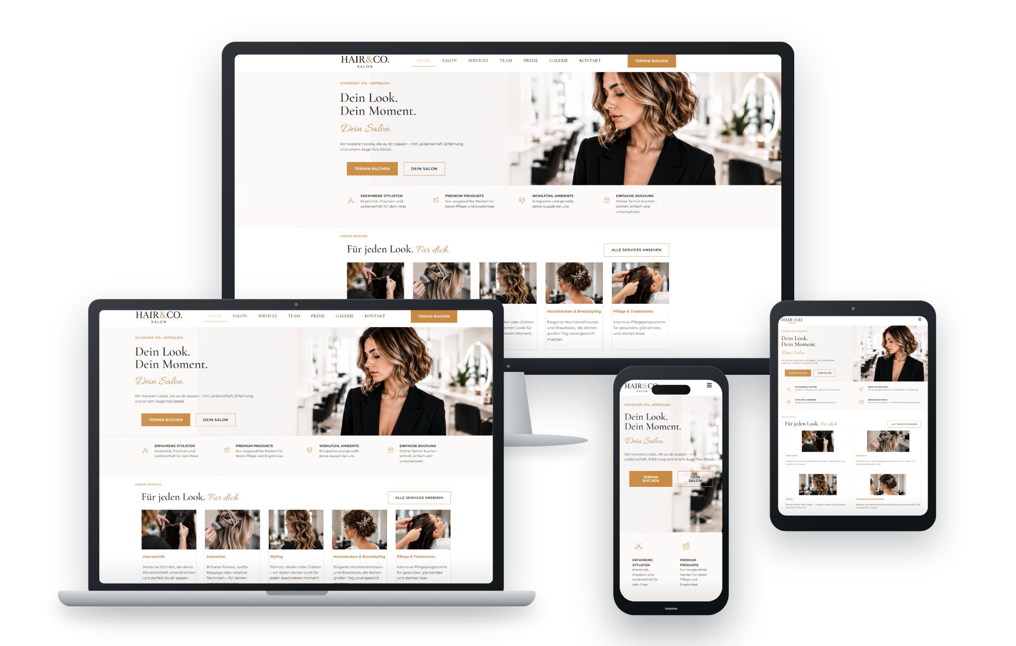 Responsive Friseursalon-Website Hair&Co auf Desktop, Laptop, Tablet und Smartphone