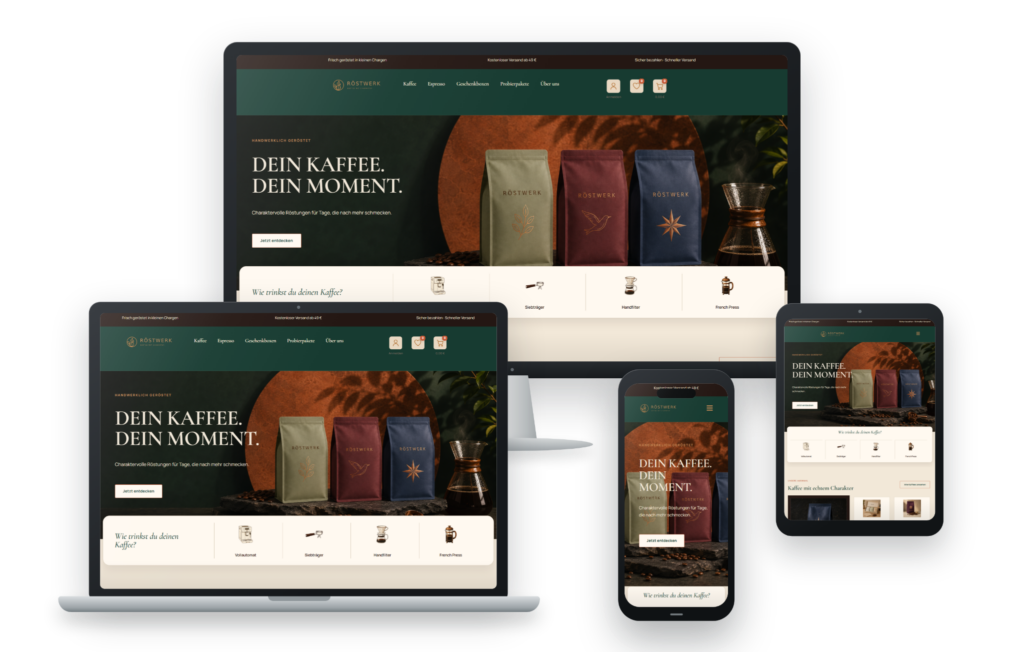 Responsives Röstwerk Kaffee-Shop Mockup auf Desktop, Laptop, Tablet und Smartphone