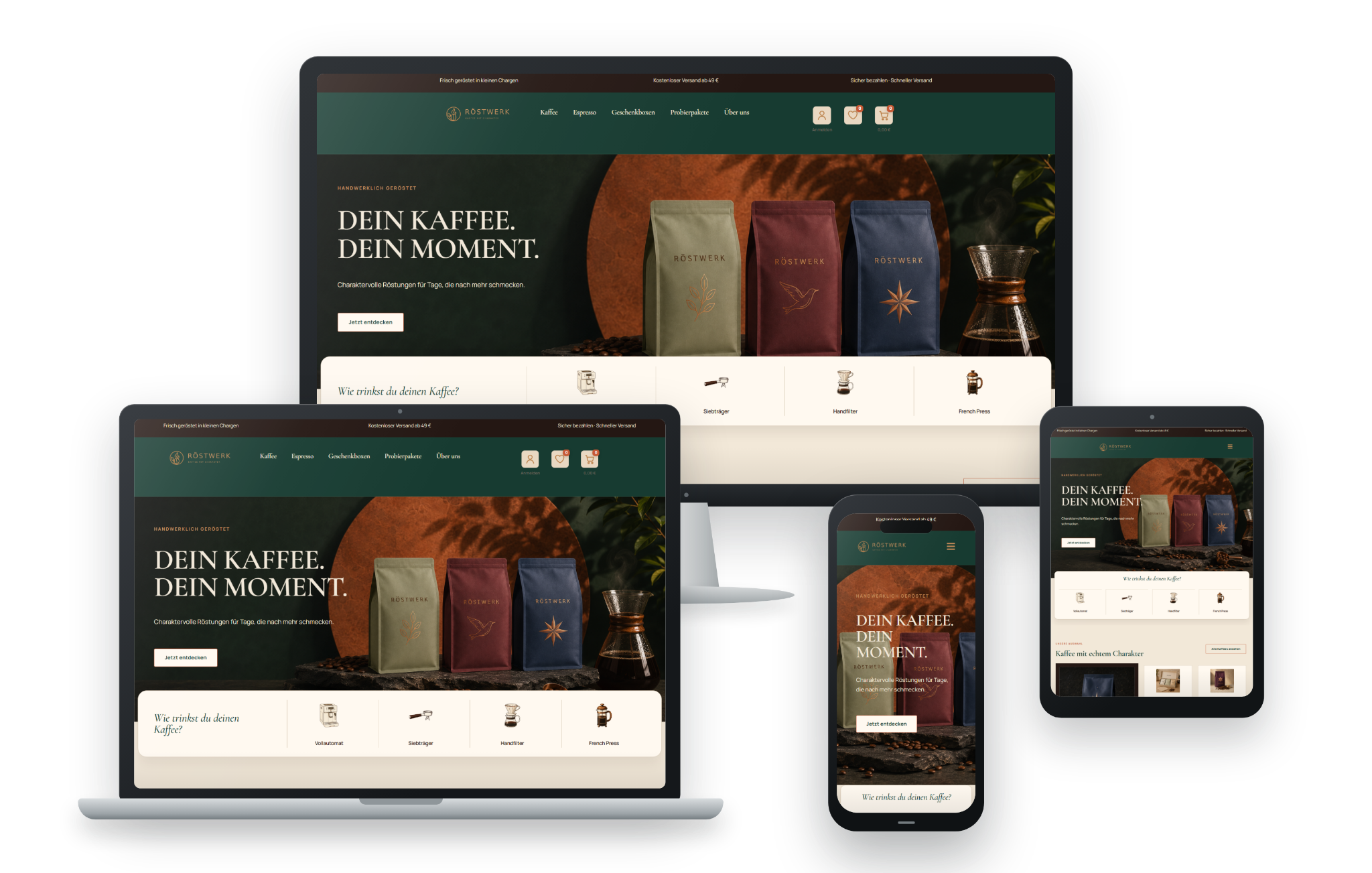 Responsives Röstwerk Kaffee-Shop Mockup auf Desktop, Laptop, Tablet und Smartphone