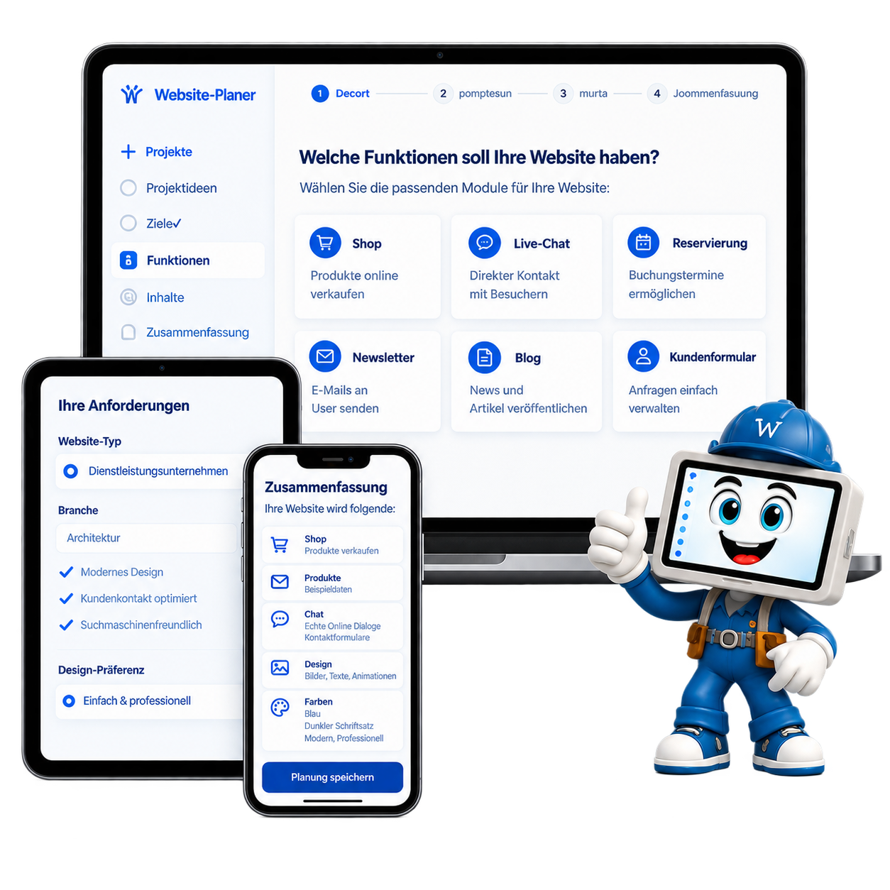 Website-Planer auf Laptop, Tablet und Smartphone mit Webseite-Werk-Maskottchen.
