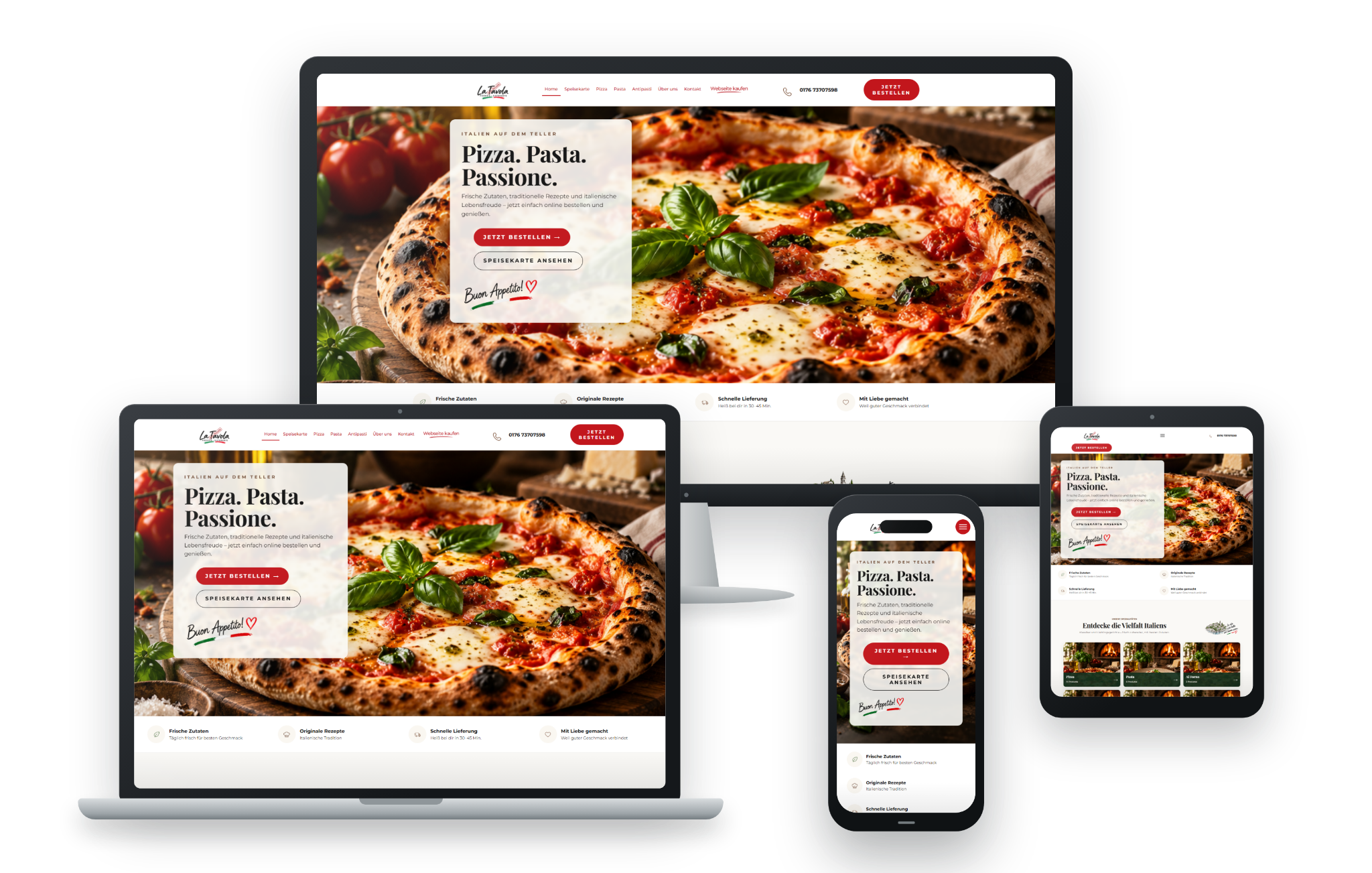 Responsive Geräteansicht der La Tavola Pizzeria Website mit Onlineshop