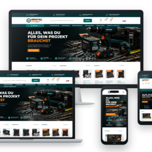 WerkPro Tools Werkzeug-Onlineshop in vier responsiven Geräteansichten auf Desktop, Laptop, Smartphone und Tablet