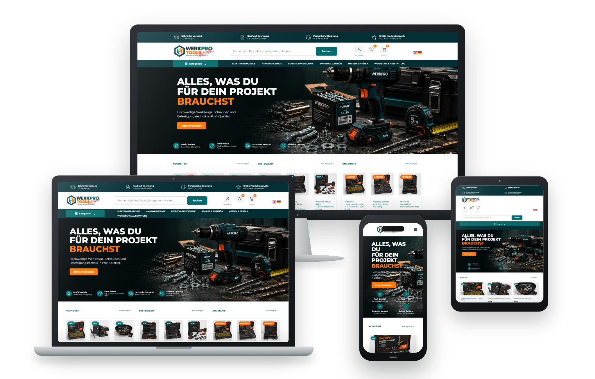 WerkPro Tools Werkzeug-Onlineshop in vier responsiven Geräteansichten auf Desktop, Laptop, Smartphone und Tablet
